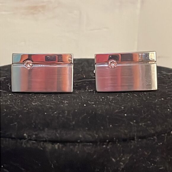 1950s MCM engravable rectangular silver tone bullet back cuff links w/diamond - Picture 2 of 14